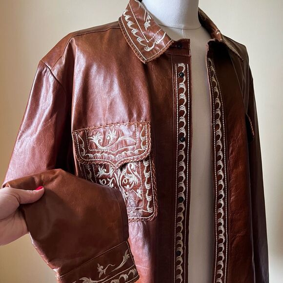 Vintage Ira Hoss Western Leather Jacket XXL Brown Tooled Embroidered Shacket - Picture 11 of 16